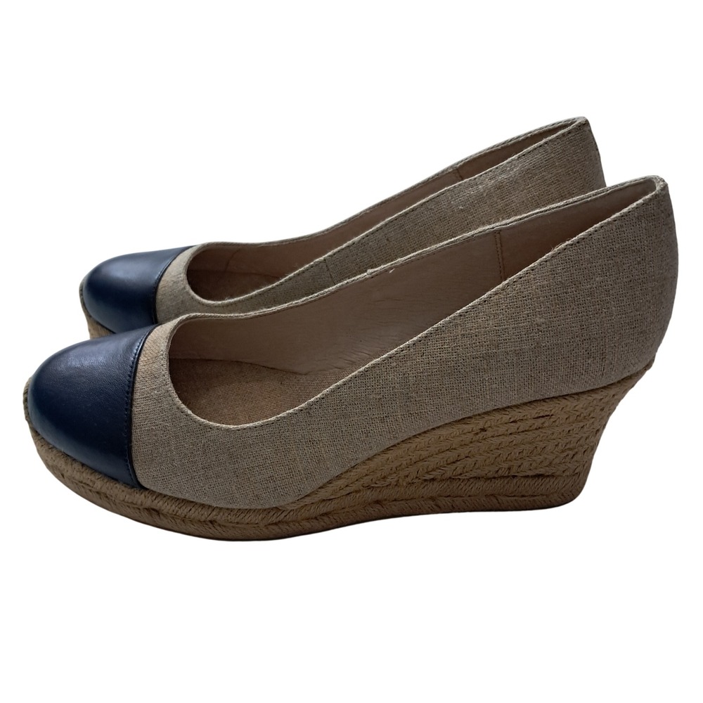 Jack Rogers Palmer Wedge Pumps Womens 10 Beige Navy Blue Cap Toe Espadrille Heel